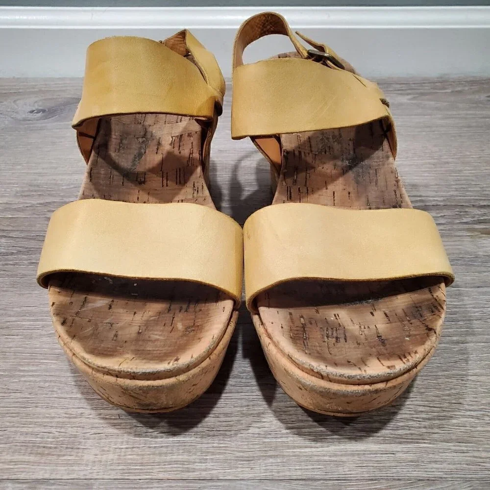 Kork-Ease Women's Beige Yellow Leather Platform Wedge Sandals Double Strap 8M